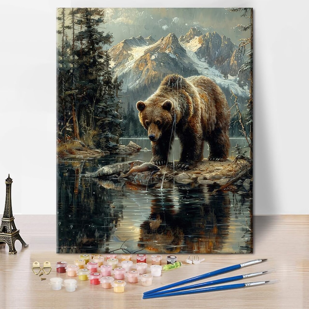 DIY Paint-by-Number Kit for Adults, Bear Design on Canvas, 16×20 Inch Frameless Color-by-Number Art Craft Set